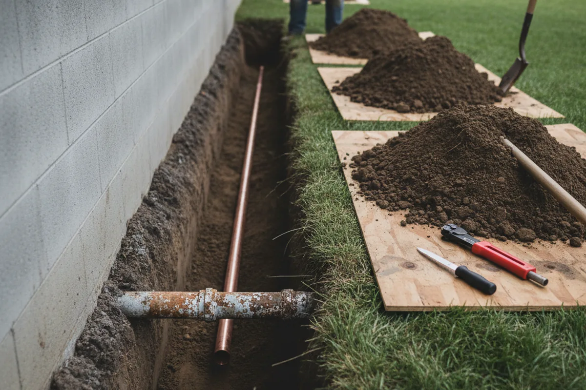 Excavated water line trench during Water Softener Installation in Forest City